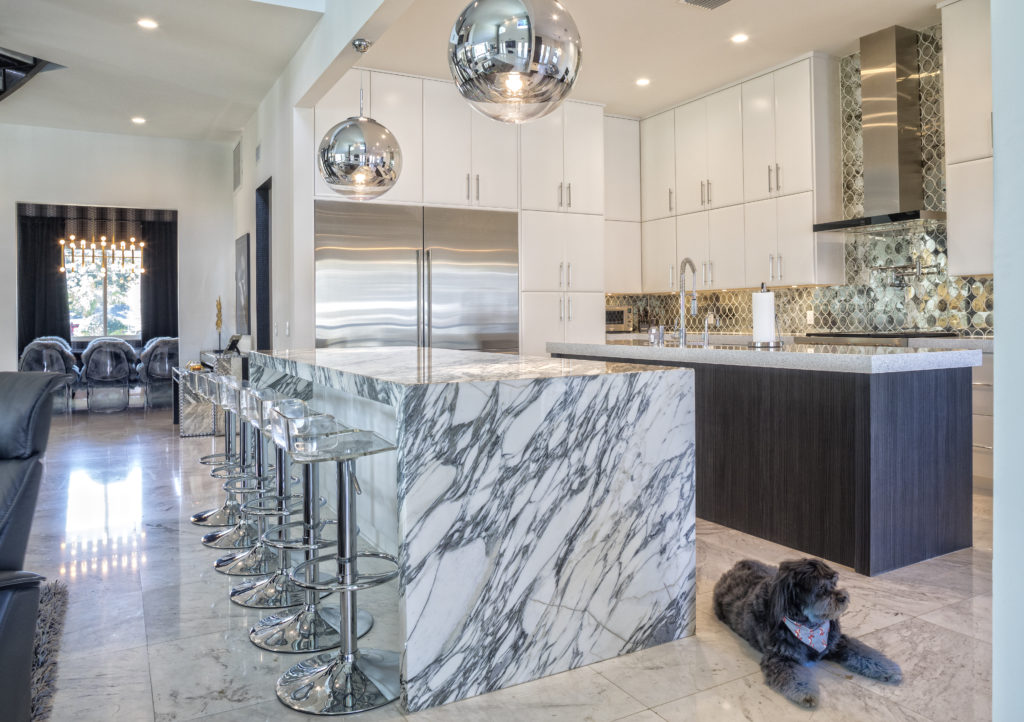 Beautiful Custom Kitchen with Island in Estate Home with a pet dog